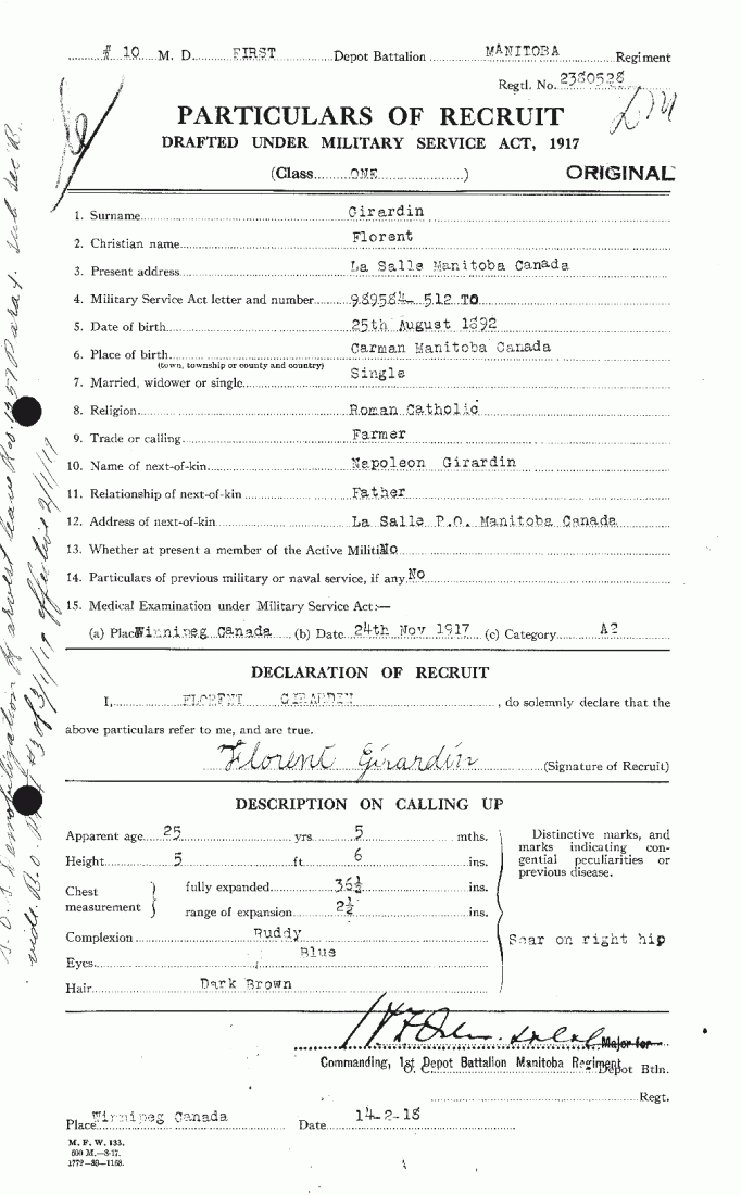 Florent Girardin military service act 1917 particulars of recruit